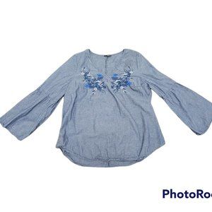 Unique Spectrum Denim Long Bell Sleeves With Floral Designs 100% Cotton - 2X